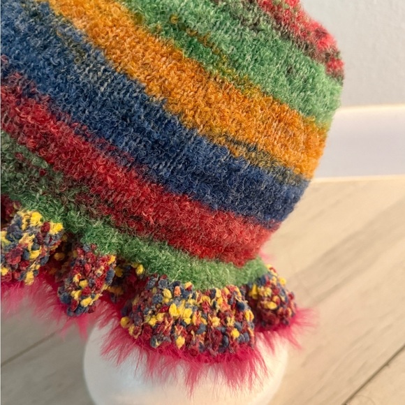 Lady Ruffle Knitted Bucket Hat Fishing Cap Winter Warm Faux Fur Trim Retro Soft - Picture 3 of 7